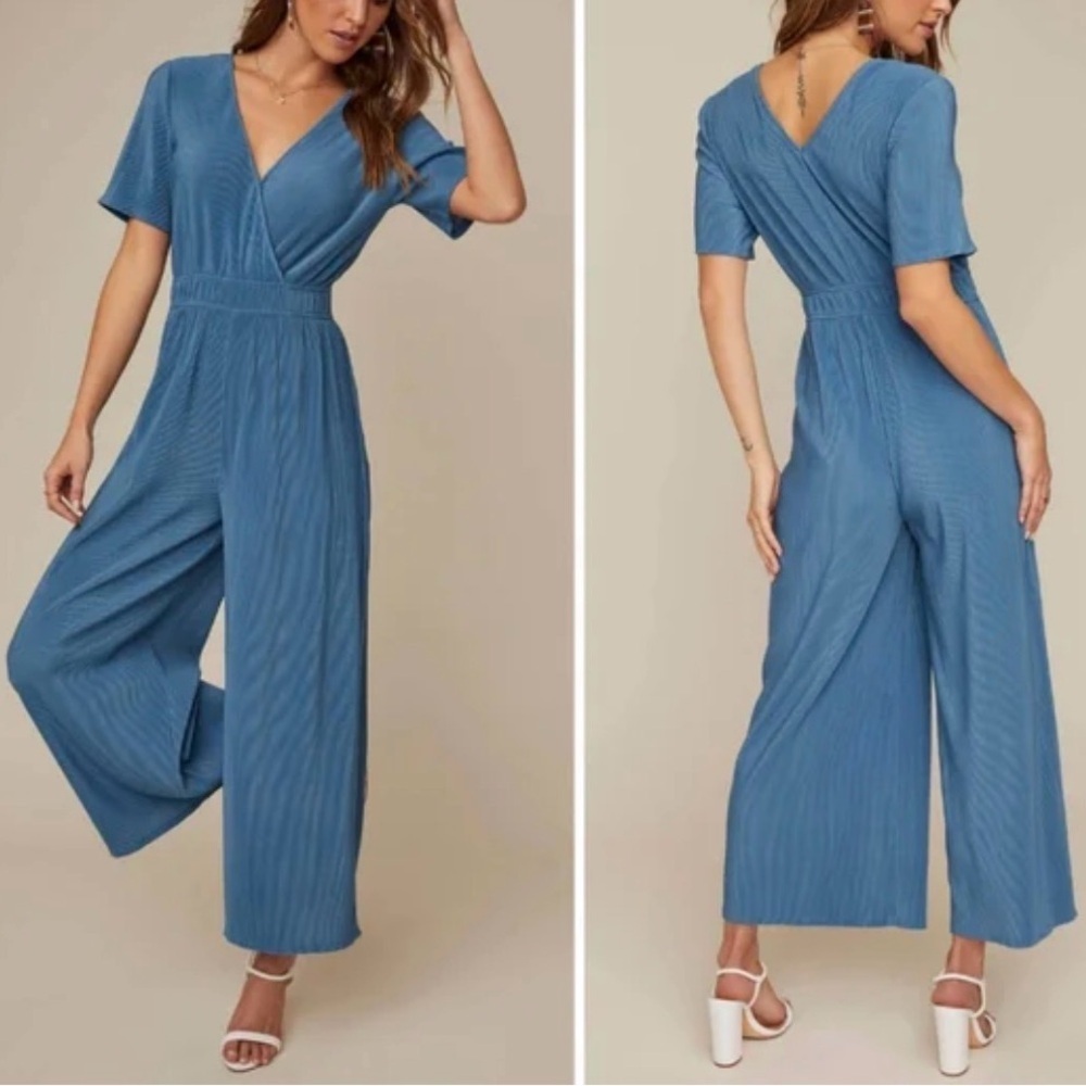 ASTR the Label V-Neck Wide Leg Blue Jumpsuit